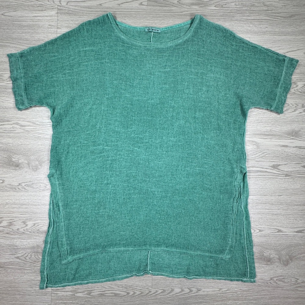 Colette Women's Knit Top Short Sleeve Cotton Linen Green One Size Italy Slits